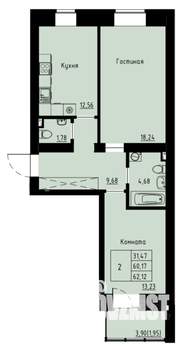 2-к квартира, строящийся дом, 62м2, 2/8 этаж