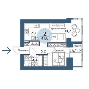 2-к квартира, строящийся дом, 41м2, 4/17 этаж