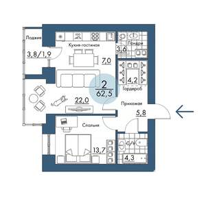 2-к квартира, строящийся дом, 63м2, 12/17 этаж