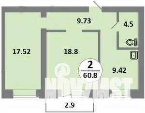 2-к квартира, строящийся дом, 59м2, 2/14 этаж