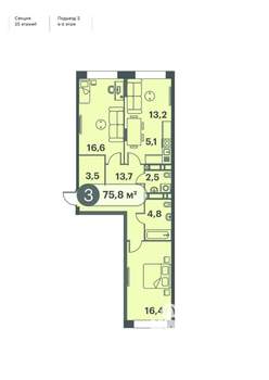 3-к квартира, строящийся дом, 76м2, 4/25 этаж