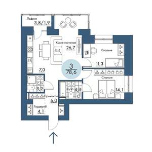 3-к квартира, строящийся дом, 79м2, 6/17 этаж
