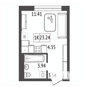 1-к квартира, строящийся дом, 23м2, 14/17 этаж