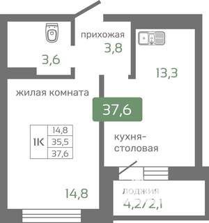 1-к квартира, строящийся дом, 36м2, 9/19 этаж