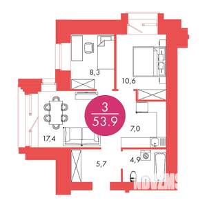 3-к квартира, строящийся дом, 54м2, 17/17 этаж