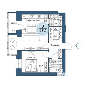 2-к квартира, строящийся дом, 63м2, 16/17 этаж
