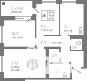 3-к квартира, строящийся дом, 83м2, 7/19 этаж
