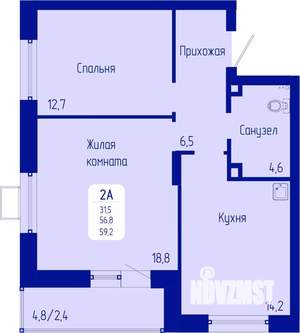 2-к квартира, строящийся дом, 59м2, 2/12 этаж