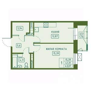 1-к квартира, вторичка, 43м2, 13/23 этаж