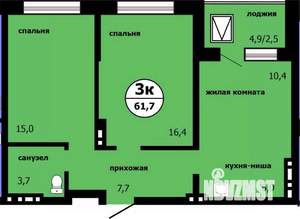 3-к квартира, вторичка, 61м2, 12/19 этаж