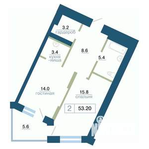 2-к квартира, строящийся дом, 53м2, 21/24 этаж