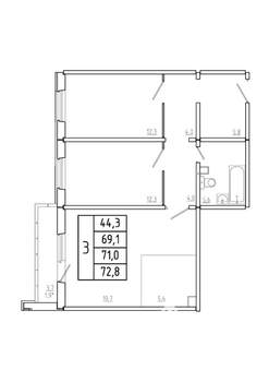 3-к квартира, строящийся дом, 71м2, 1/17 этаж