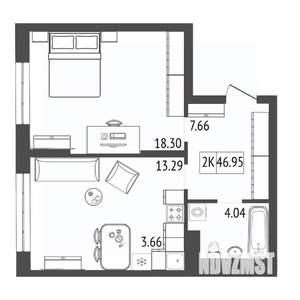 2-к квартира, строящийся дом, 47м2, 14/17 этаж