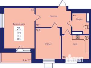 2-к квартира, строящийся дом, 59м2, 16/24 этаж