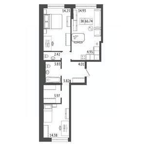 3-к квартира, строящийся дом, 67м2, 17/17 этаж
