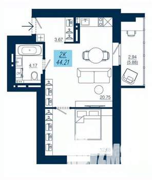1-к квартира, строящийся дом, 44м2, 15/19 этаж