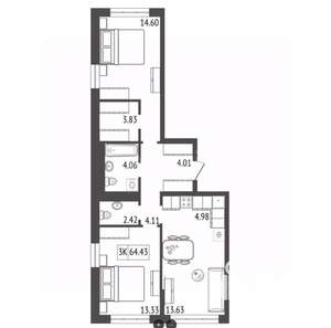 3-к квартира, вторичка, 65м2, 12/17 этаж