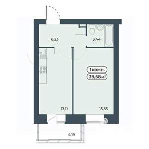 1-к квартира, строящийся дом, 40м2, 3/9 этаж