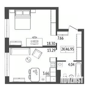 2-к квартира, строящийся дом, 47м2, 9/17 этаж
