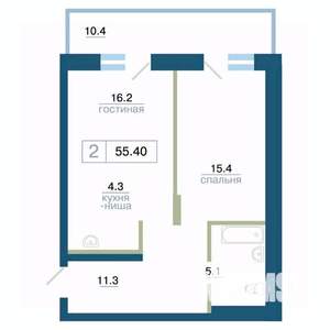 2-к квартира, строящийся дом, 55м2, 17/24 этаж