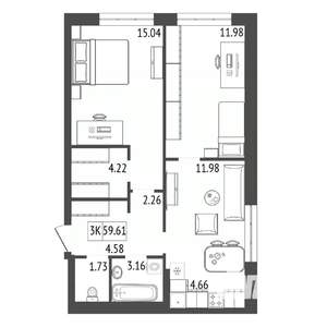 3-к квартира, строящийся дом, 60м2, 7/17 этаж