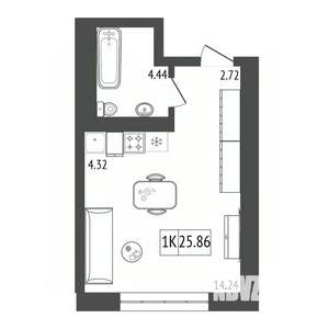 1-к квартира, строящийся дом, 26м2, 3/17 этаж