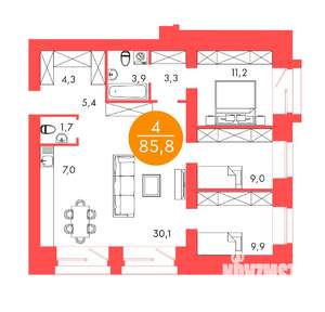 4-к квартира, строящийся дом, 86м2, 15/17 этаж