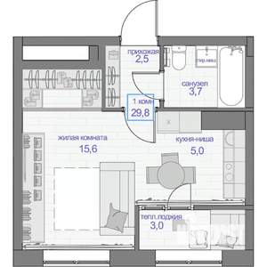 1-к квартира, вторичка, 30м2, 7/24 этаж