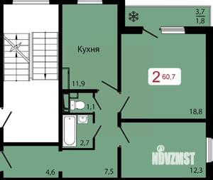 2-к квартира, строящийся дом, 61м2, 7/17 этаж