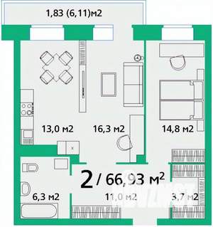 2-к квартира, вторичка, 67м2, 3/9 этаж