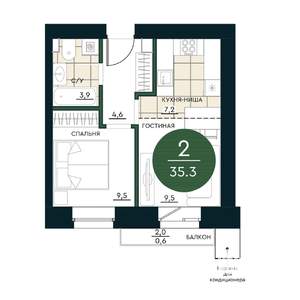2-к квартира, строящийся дом, 35м2, 15/17 этаж