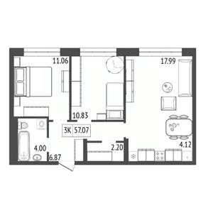 3-к квартира, вторичка, 57м2, 3/17 этаж