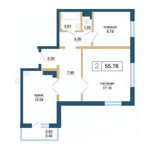 2-к квартира, строящийся дом, 56м2, 4/17 этаж