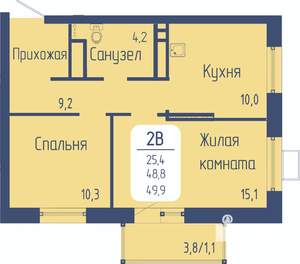 2-к квартира, строящийся дом, 50м2, 19/24 этаж