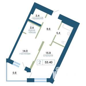 2-к квартира, строящийся дом, 53м2, 12/24 этаж