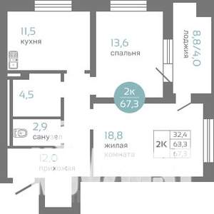 2-к квартира, строящийся дом, 67м2, 2/19 этаж