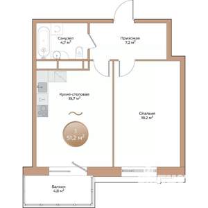 1-к квартира, вторичка, 51м2, 3/24 этаж