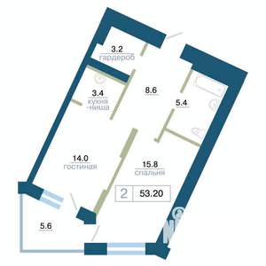 2-к квартира, строящийся дом, 53м2, 22/24 этаж