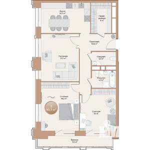3-к квартира, строящийся дом, 91м2, 2/24 этаж