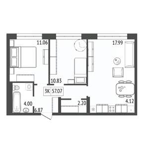 3-к квартира, строящийся дом, 57м2, 2/17 этаж