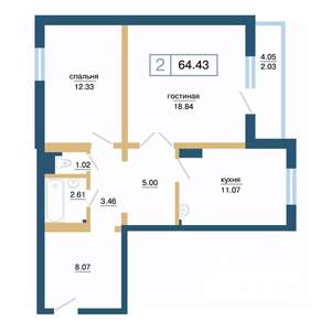 2-к квартира, вторичка, 64м2, 16/17 этаж