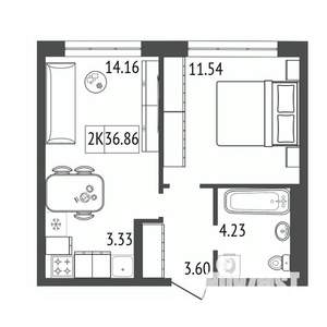2-к квартира, строящийся дом, 37м2, 16/17 этаж