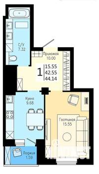 1-к квартира, строящийся дом, 44м2, 19/25 этаж