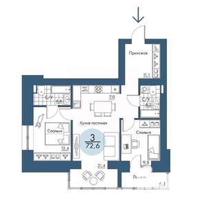 3-к квартира, строящийся дом, 73м2, 13/17 этаж
