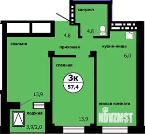 3-к квартира, сданный дом, 56м2, 14/19 этаж