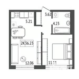 2-к квартира, строящийся дом, 36м2, 3/17 этаж