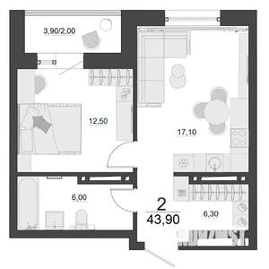 2-к квартира, строящийся дом, 44м2, 22/23 этаж