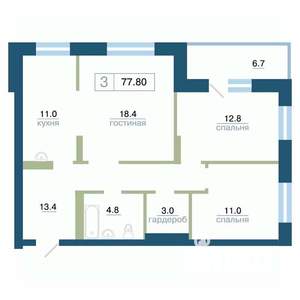 3-к квартира, строящийся дом, 78м2, 3/24 этаж