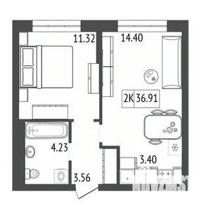 2-к квартира, строящийся дом, 37м2, 4/17 этаж