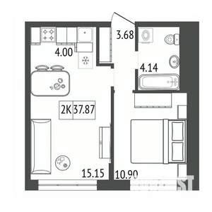 2-к квартира, строящийся дом, 38м2, 11/17 этаж